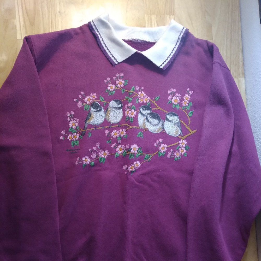 Vintage Morning Sun Chickadee Birds Floral Collared Sweatshirt - Picture 2 of 8